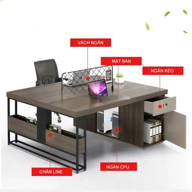 Bàn làm việc 2 người có vách ngăn lưới tối giản, hộc tủ lưu trữ và khung sắt chắc chắn trong văn phòng