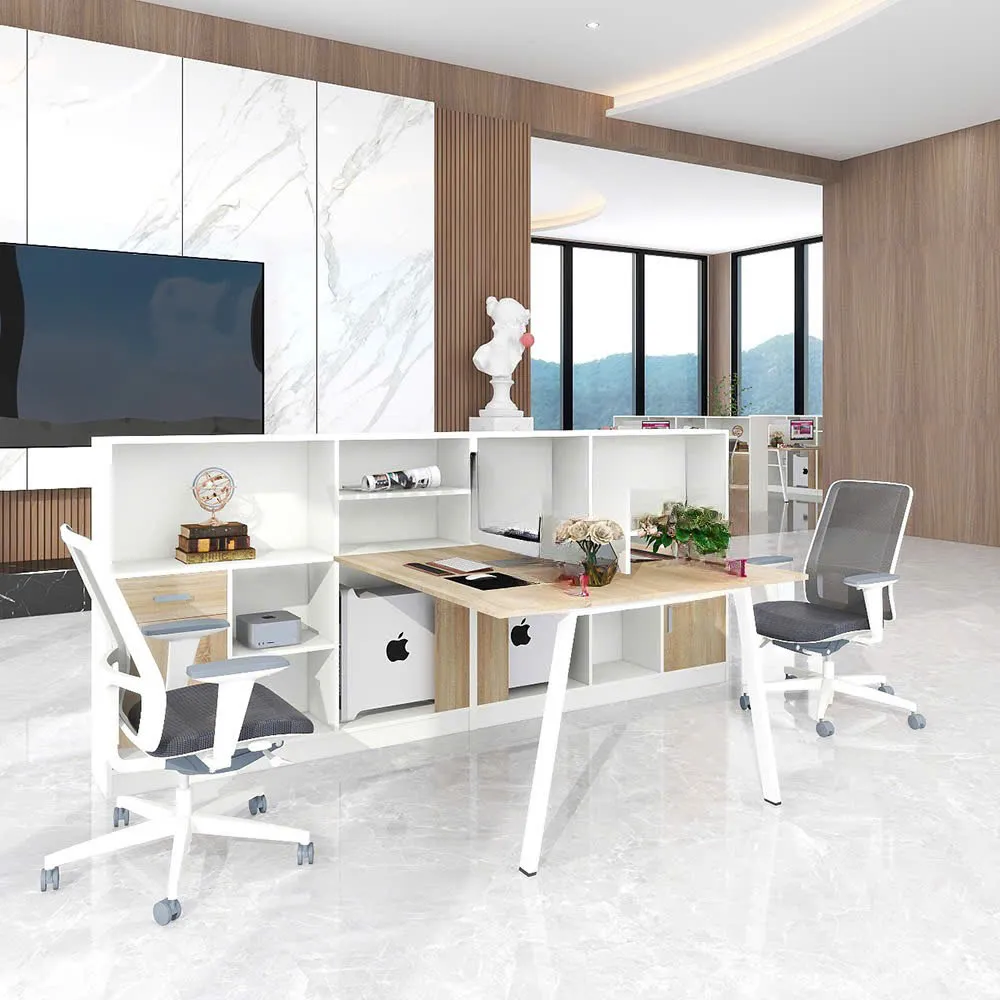 Cụm bàn làm việc 2 người chân sắt trắng hiện đại, tích hợp tủ sách phía sau tiện lợi và thẩm mỹ