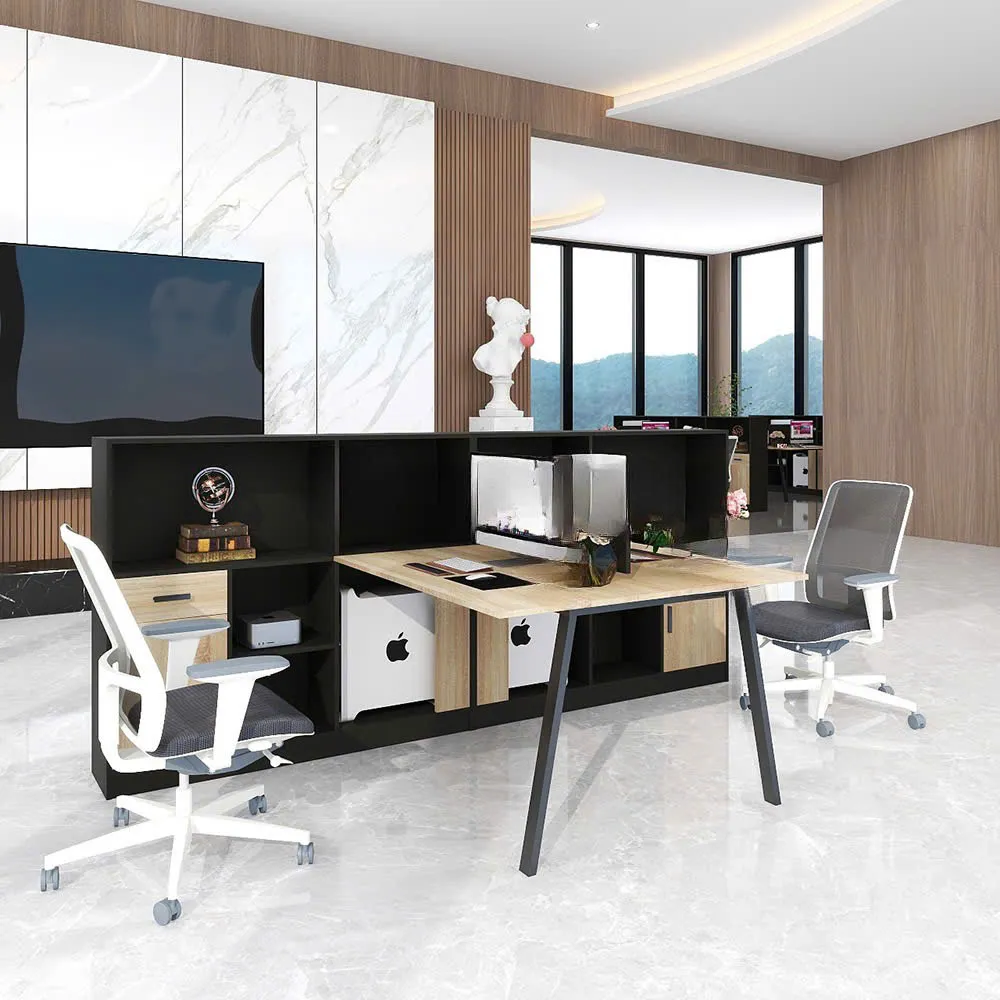 Cụm bàn làm việc 2 người chân sắt trắng hiện đại, tích hợp tủ sách phía sau tiện lợi và thẩm mỹ