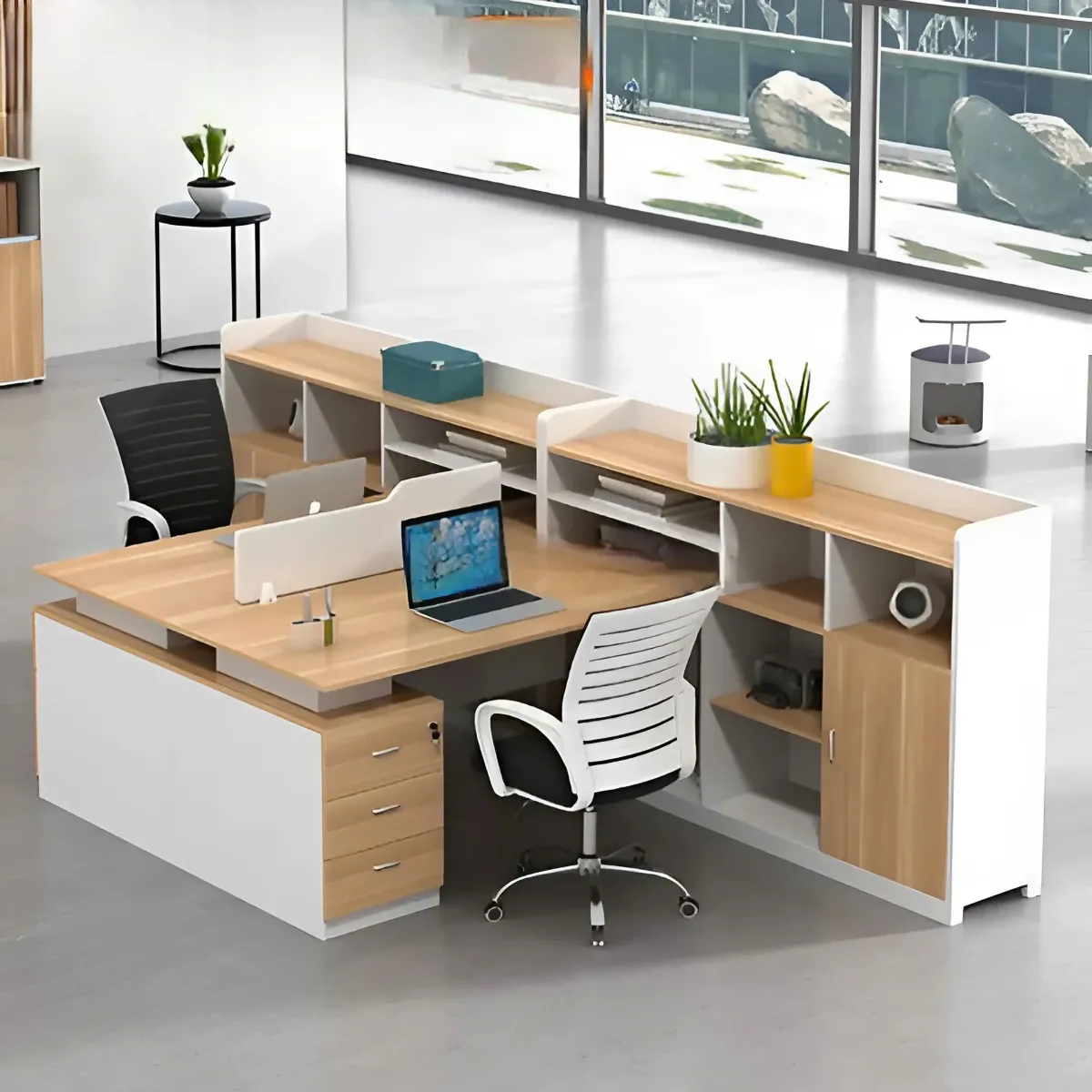 Cụm bàn làm việc 2 người kèm kệ tủ siêu đa năng, thiết kế tiện ích tối ưu hóa diện tích cho môi trường văn phòng hiện đại.