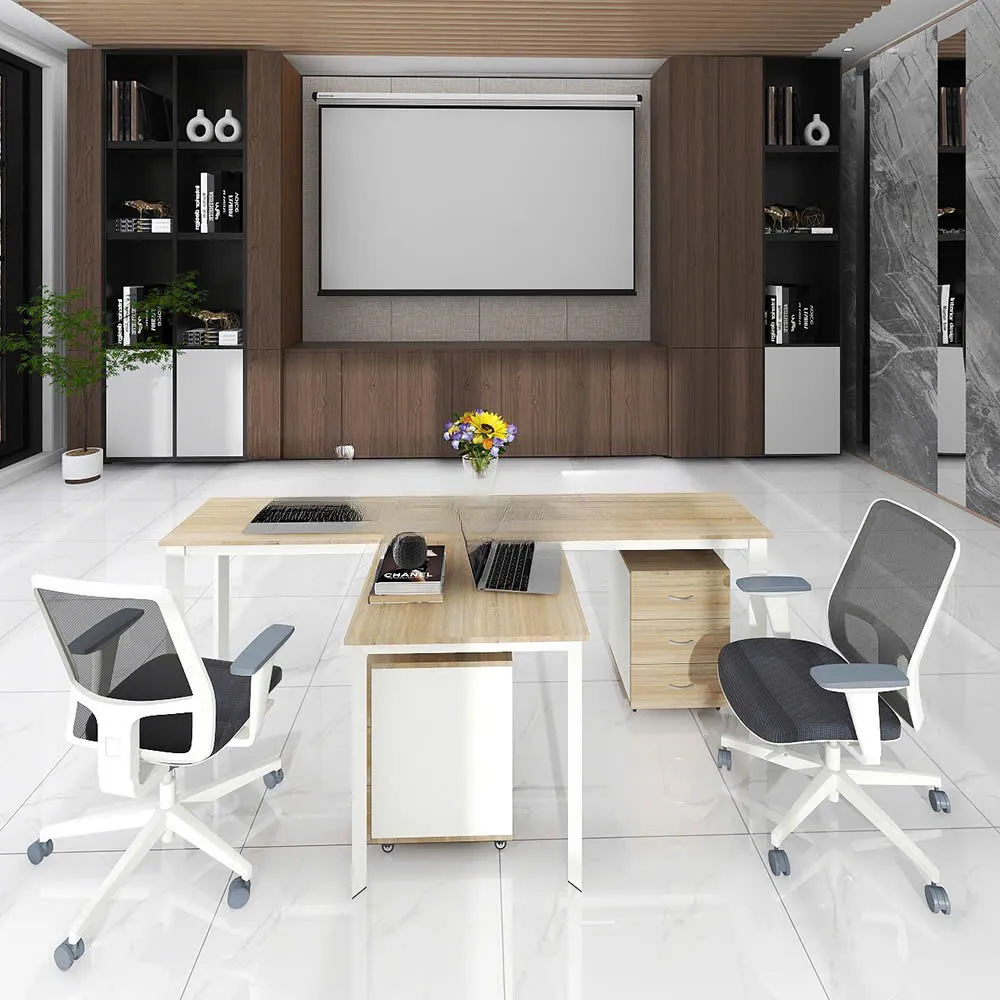 Cụm bàn làm việc 2 người thiết kế đối xứng, phối gỗ sáng, phù hợp không gian hiện đại và tối ưu diện tích