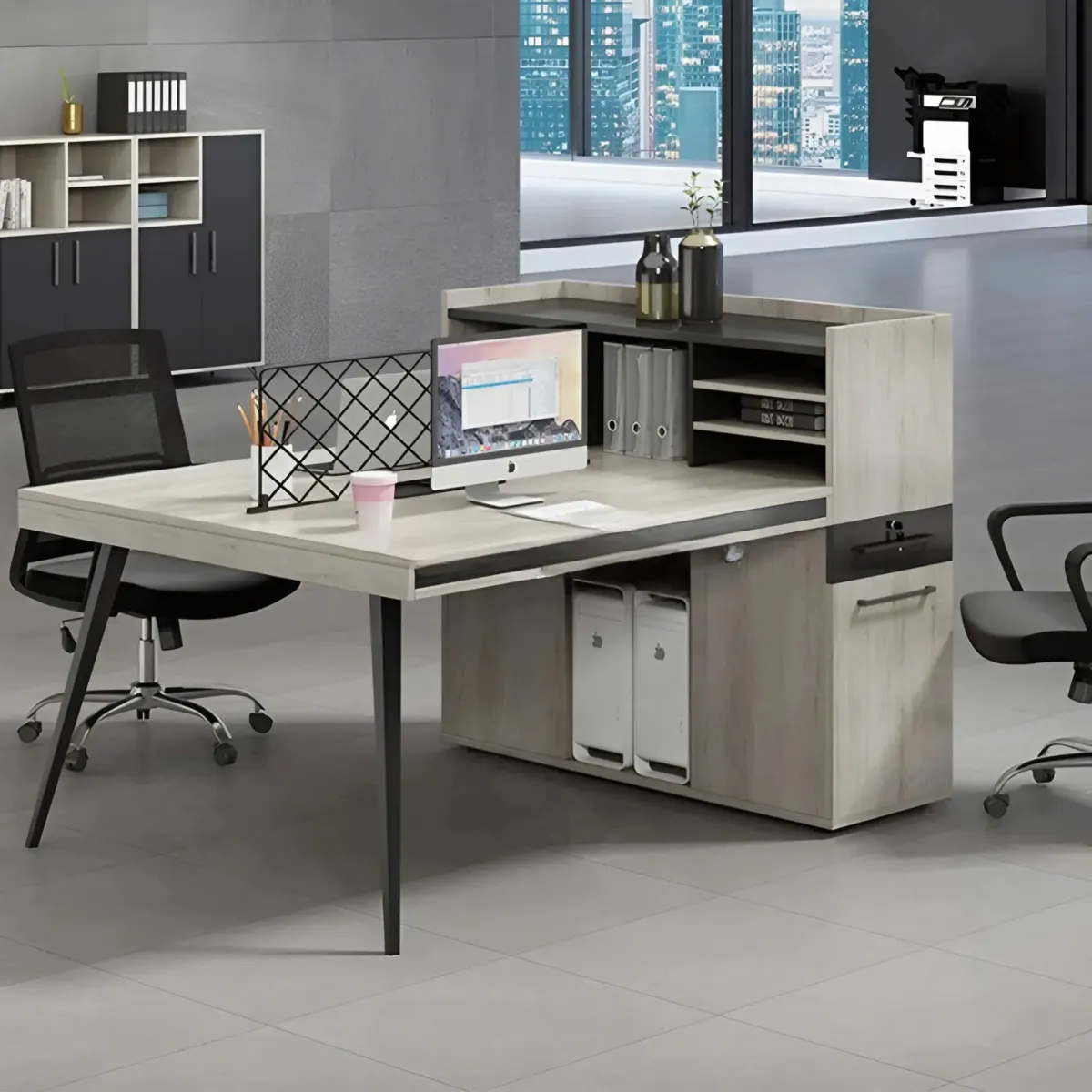 Cụm Bàn Làm Việc 2 Người Liền Hộc Tủ Chân Sắt Cao Cấp 