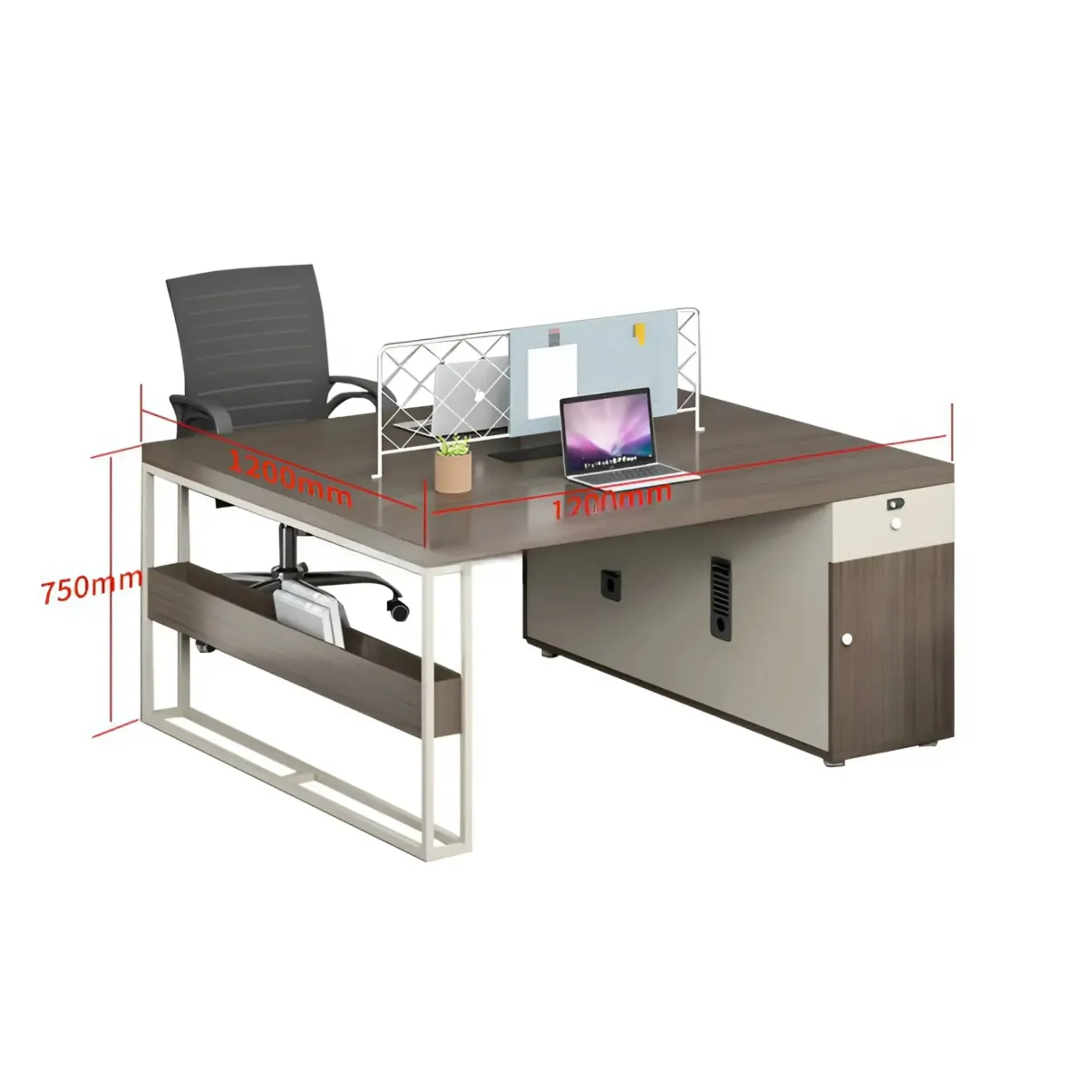 Cụm bàn làm việc 2 người có vách lưới sắt trang trí đẹp, tích hợp tủ và khay tài liệu trong văn phòng hiện đại