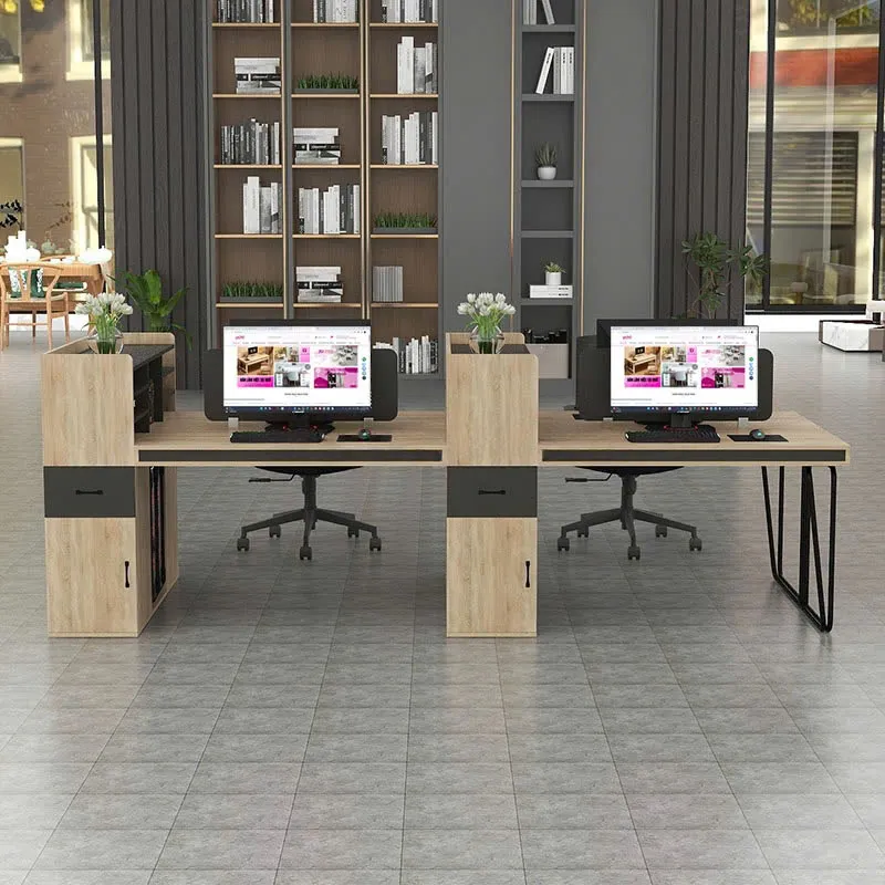 Cụm bàn làm việc 4 người có vách ngăn, chân sắt, tích hợp kệ tài liệu tiện dụng cho văn phòng hiện đại