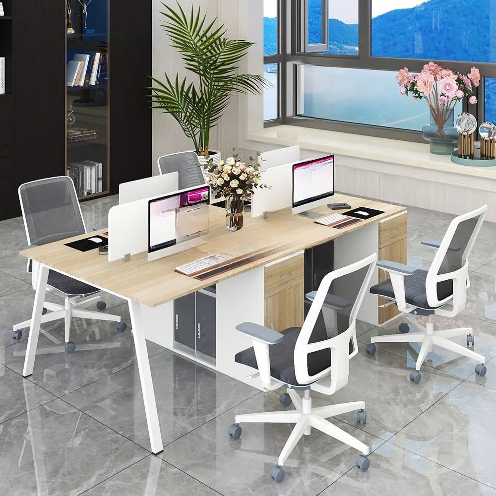 Cụm bàn làm việc 4 người thiết kế linh hoạt, hiện đại với vách ngăn và tủ gỗ tiện lợi