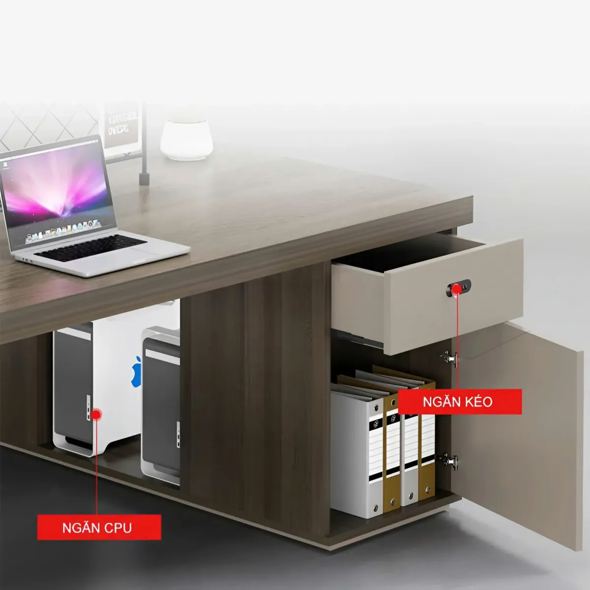 Cụm bàn làm việc 8 người chân sắt tích hợp kệ lưu trữ, thiết kế hiện đại cho văn phòng nhóm