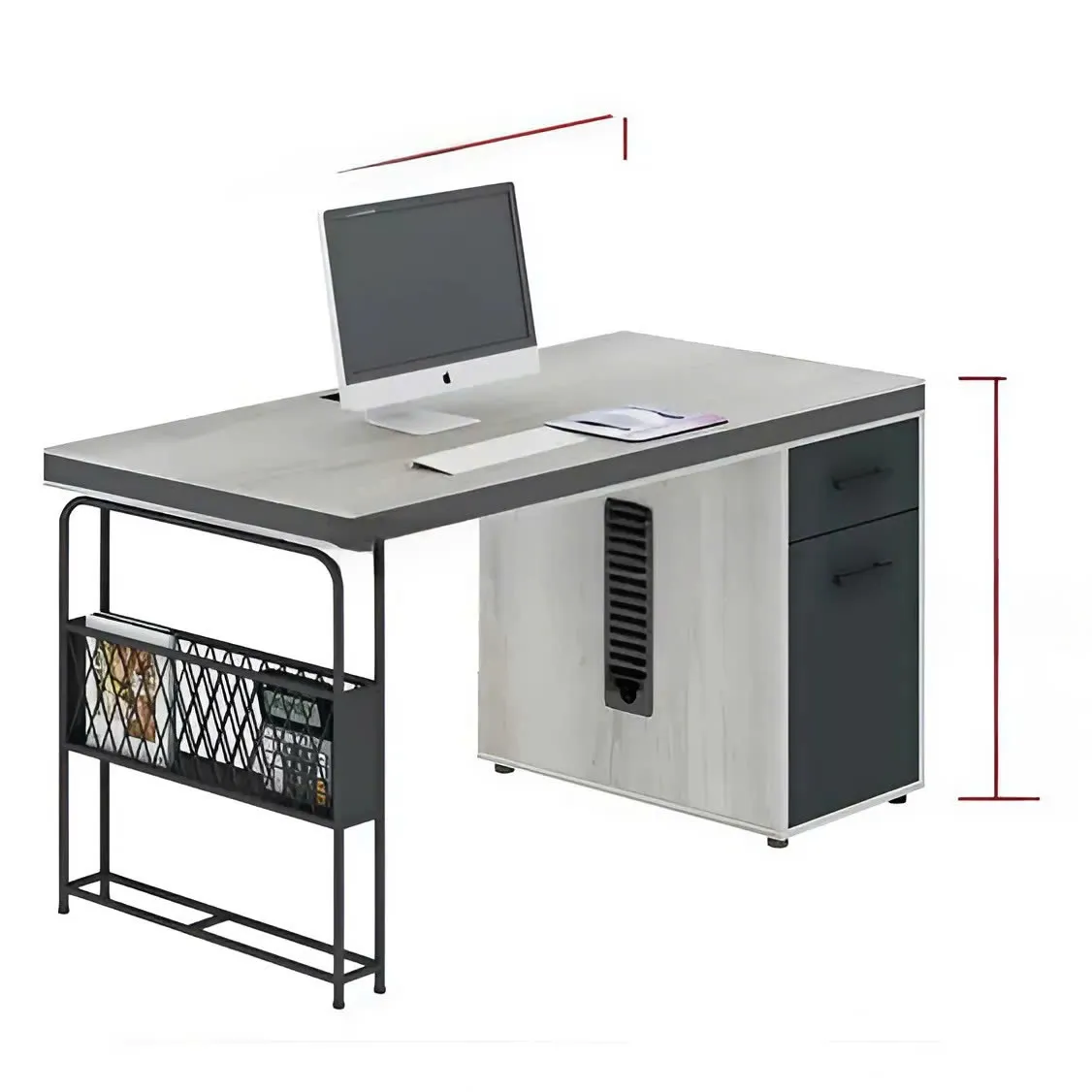 Cụm bàn làm việc chân sắt hộc lưới màu ghi xám hiện đại với mặt bàn gỗ rộng và hộc tủ tích hợp.
