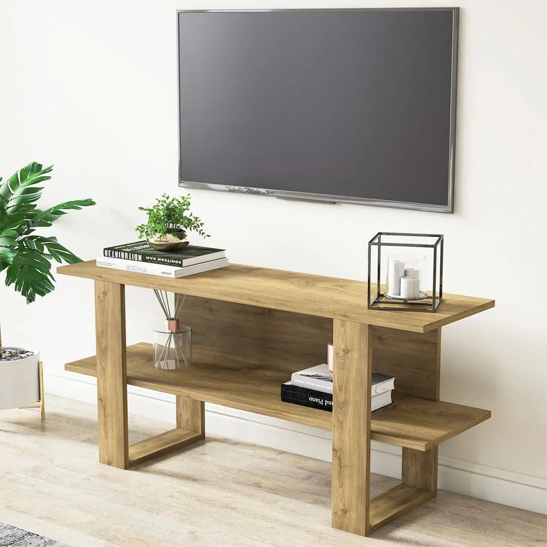 Kệ tivi 2 tầng bằng gỗ hiện đại, có không gian lưu trữ tiện dụng, phù hợp phòng ngủ hoặc phòng khách nhỏ