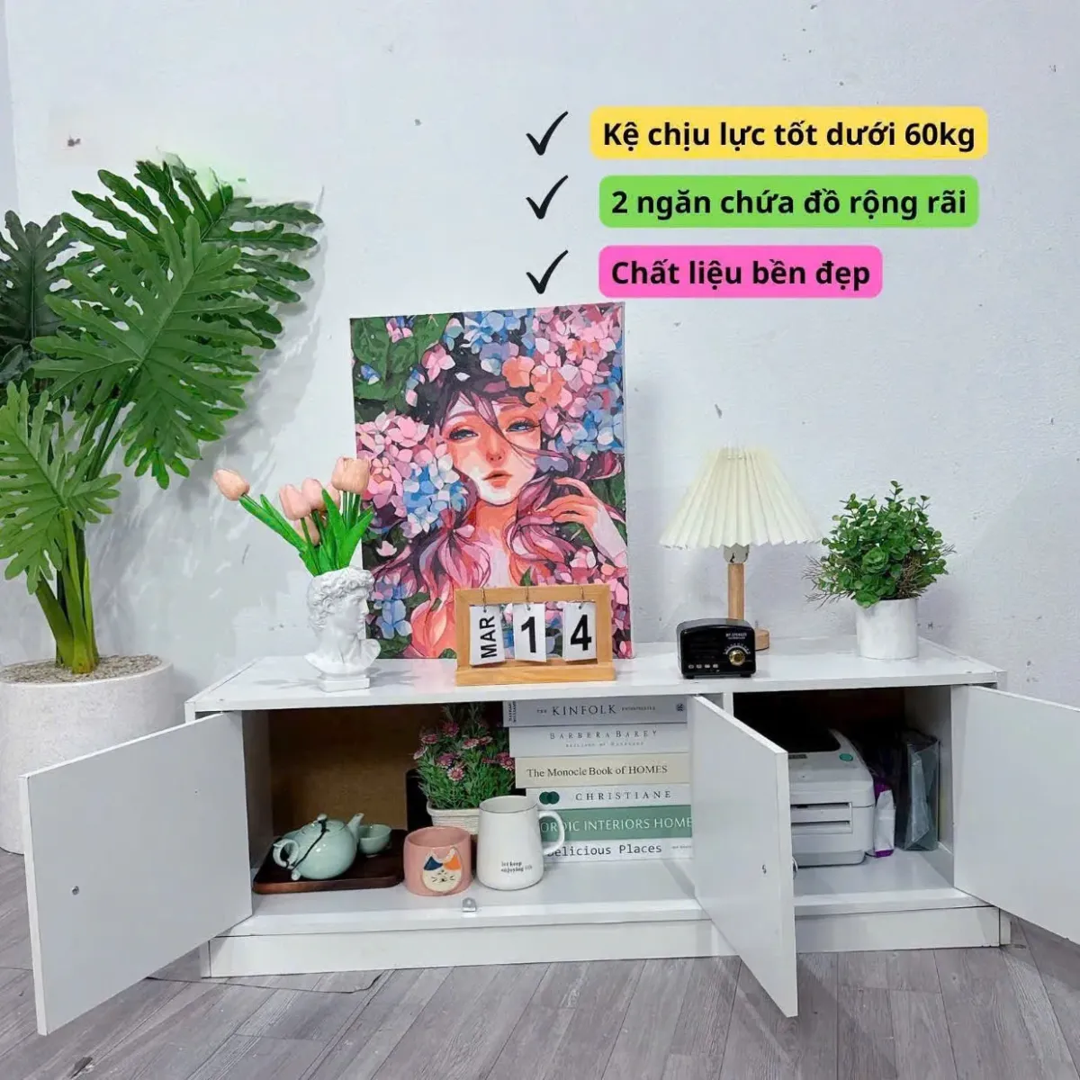 Kệ tivi băng dài 3 cánh gỗ công nghiệp màu trắng, kiểu dáng hiện đại và đa năng