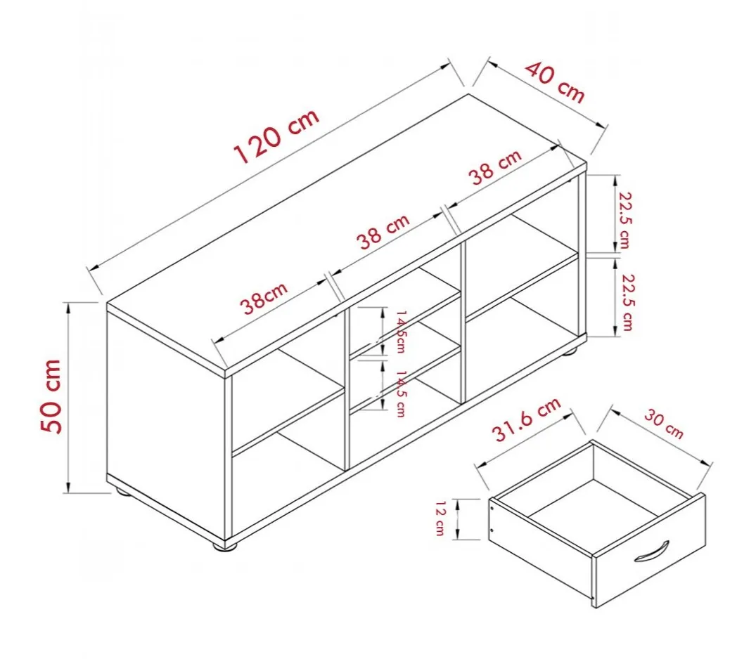 Kệ tivi dáng thấp với ngăn kéo trung tâm và kệ mở hai bên, chất liệu gỗ MDF, thiết kế hiện đại, đặt trong phòng khách.