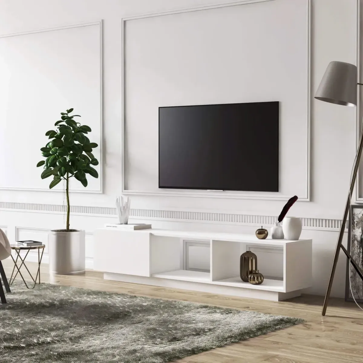 Kệ tivi dáng thấp phối cánh lật và kệ mở, chất liệu gỗ MDF, phong cách hiện đại, phù hợp không gian nội thất phòng khách tối giản.