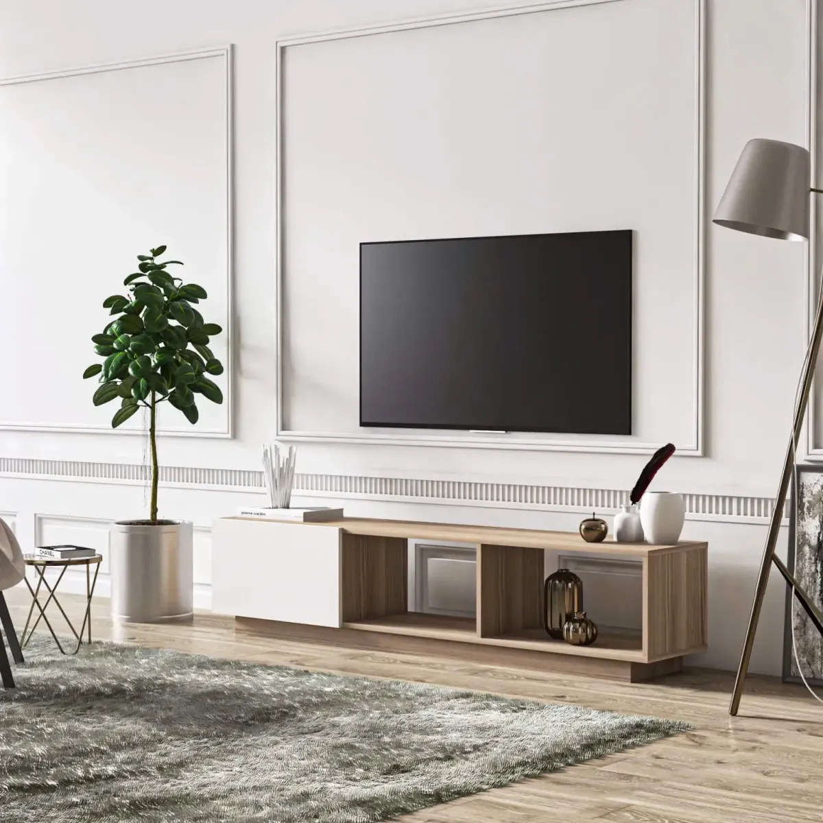 Kệ tivi dáng thấp phối cánh lật và kệ mở, chất liệu gỗ MDF, phong cách hiện đại, phù hợp không gian nội thất phòng khách tối giản.
