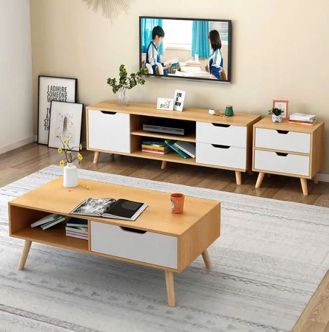 Kệ tivi gỗ chân thấp hiện đại, có ngăn kéo và kệ mở trang trí, phong cách Bắc Âu cho phòng khách