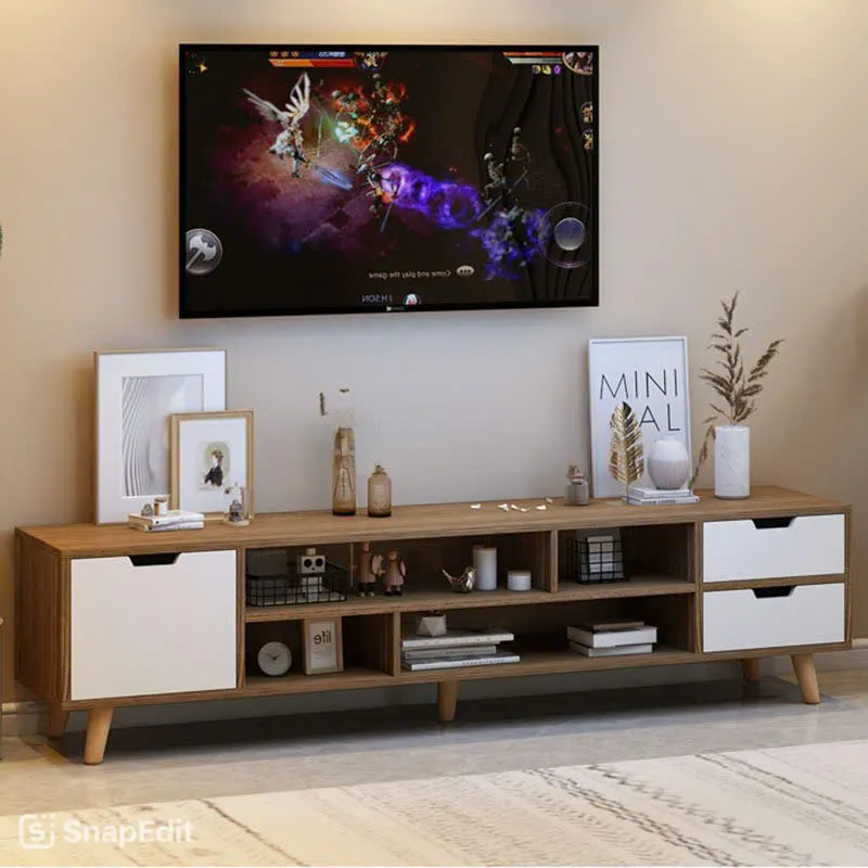 Kệ tivi gỗ chân thấp hiện đại, có ngăn kéo và kệ mở trang trí, phong cách Bắc Âu cho phòng khách