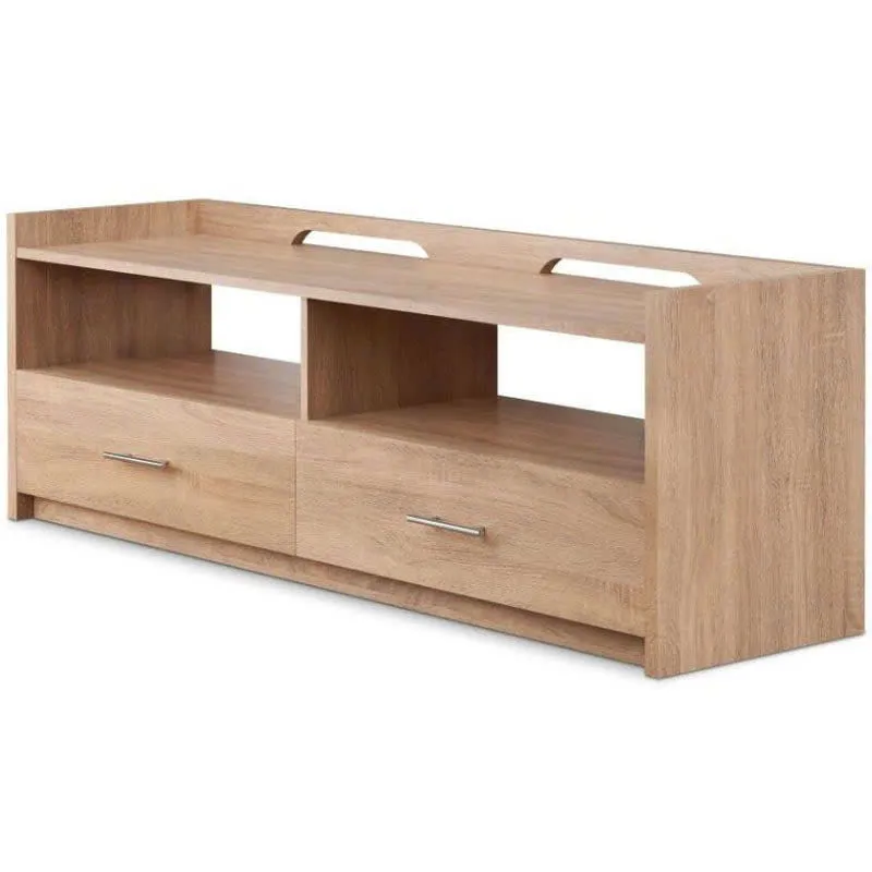 Kệ tivi làm từ gỗ MDF, có 2 ngăn kéo và 2 kệ mở bố trí đối xứng, kiểu dáng tối giản, màu vân gỗ sáng phù hợp với nội thất phòng khách hiện đại.