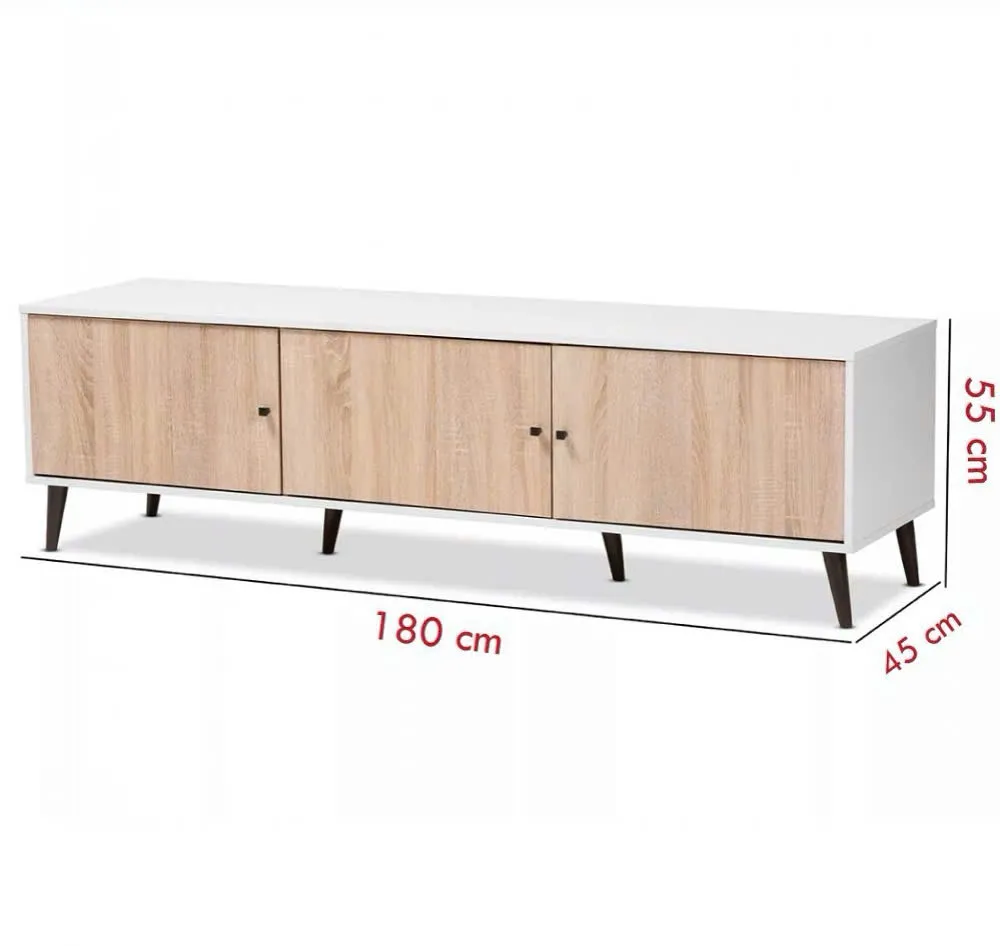 Kệ tivi gỗ MDF 3 cánh cửa mở, chân cao, thiết kế tối giản, đặt trên nền sàn gỗ, phù hợp phòng khách hiện đại.