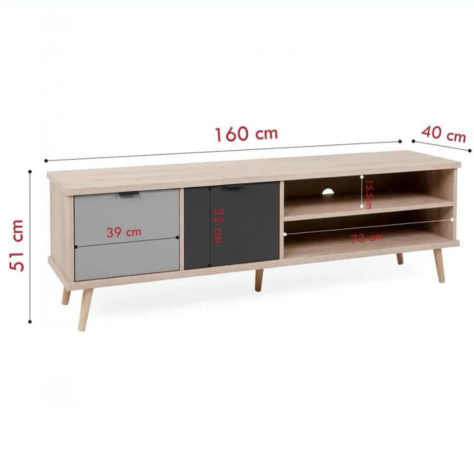 Kệ tivi gỗ MDF chân cao, thiết kế tối giản, phối màu trắng đen hiện đại đặt trong phòng khách phong cách Bắc Âu