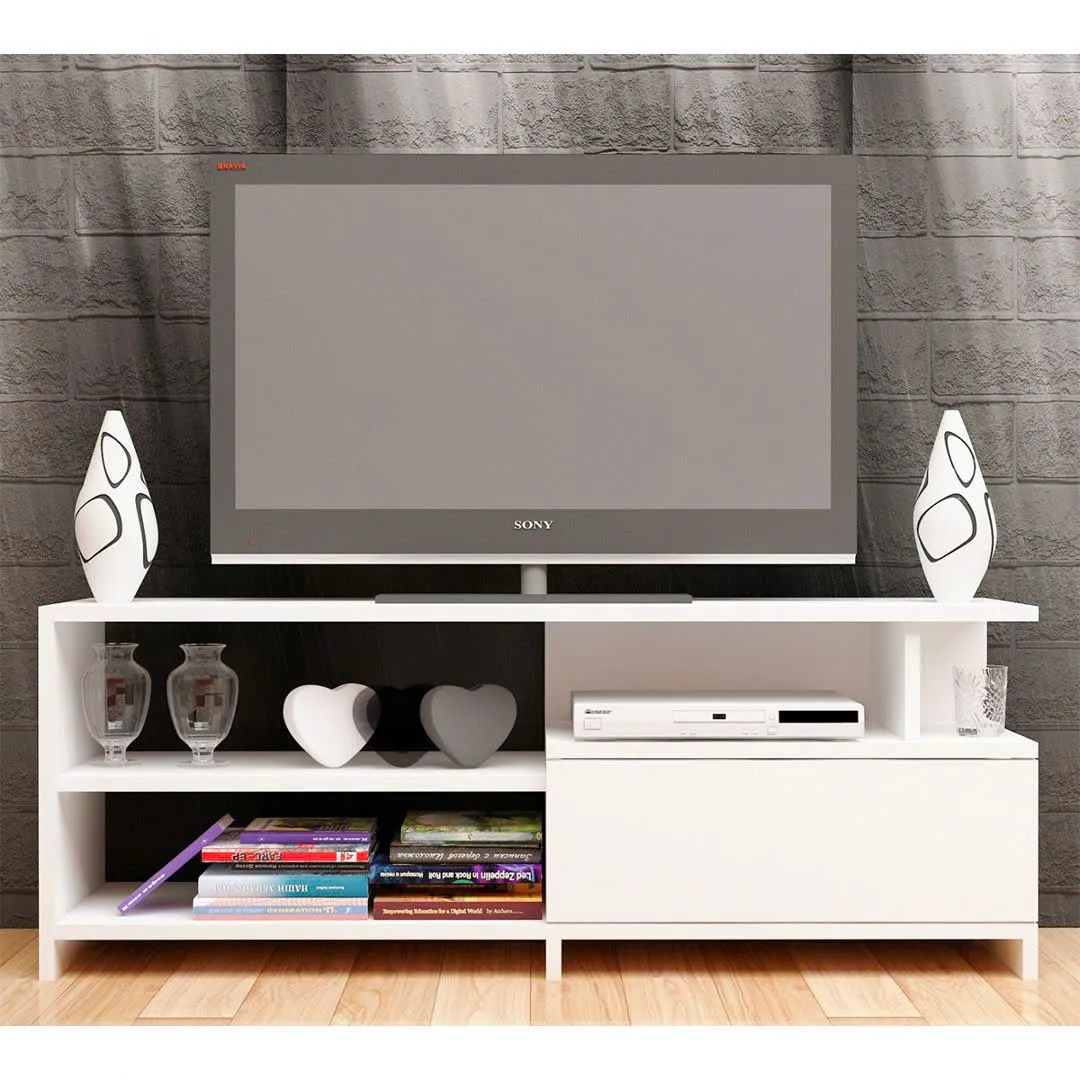 Kệ tivi gỗ MDF màu trắng có ngăn kéo và nhiều kệ mở, thiết kế hiện đại, phù hợp nội thất phòng khách tiện nghi và tối giản