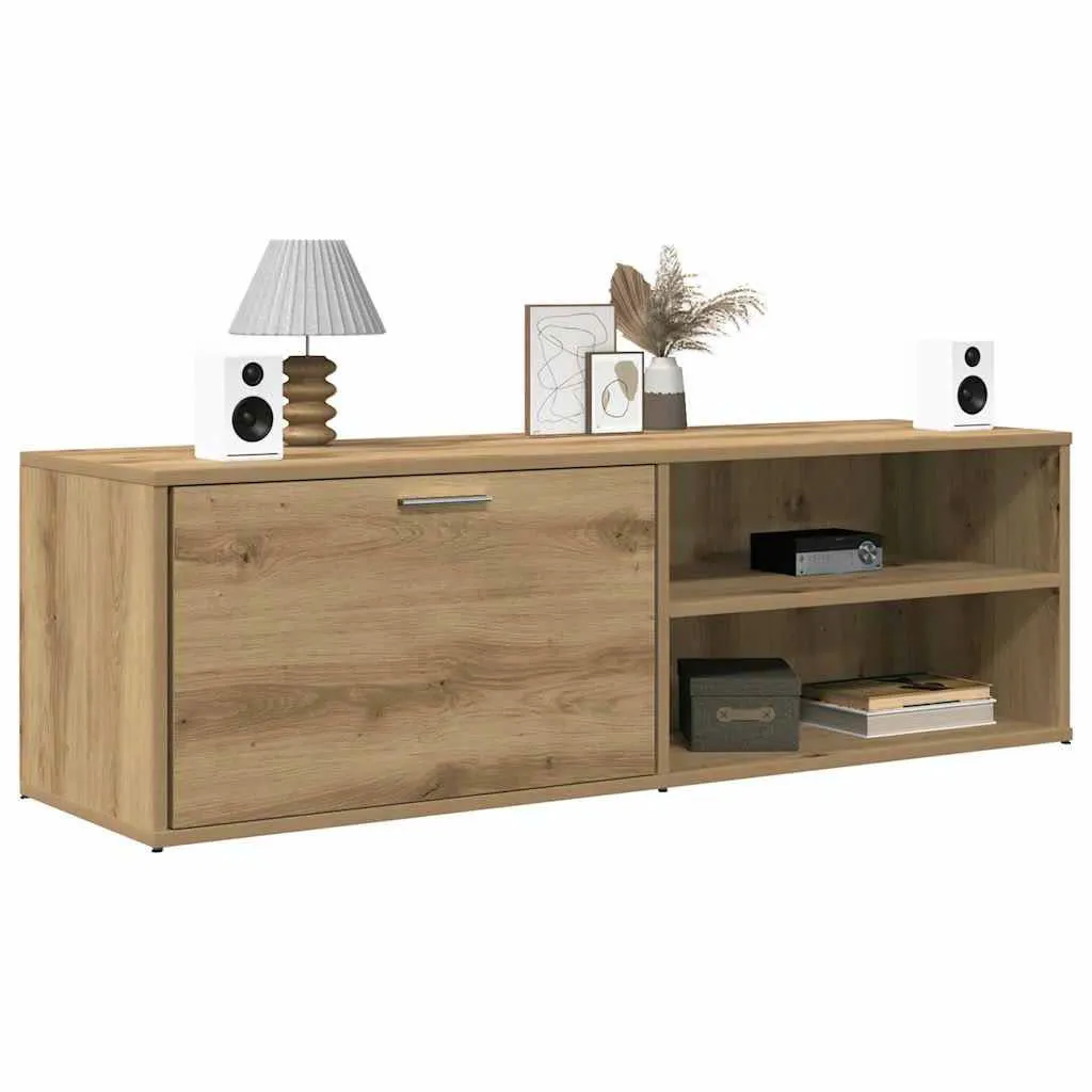 Kệ tivi gỗ MDF dáng thấp, có cánh mở và kệ trang trí mở hai bên, thiết kế hiện đại đặt sát tường, thích hợp cho phòng khách nhỏ gọn.