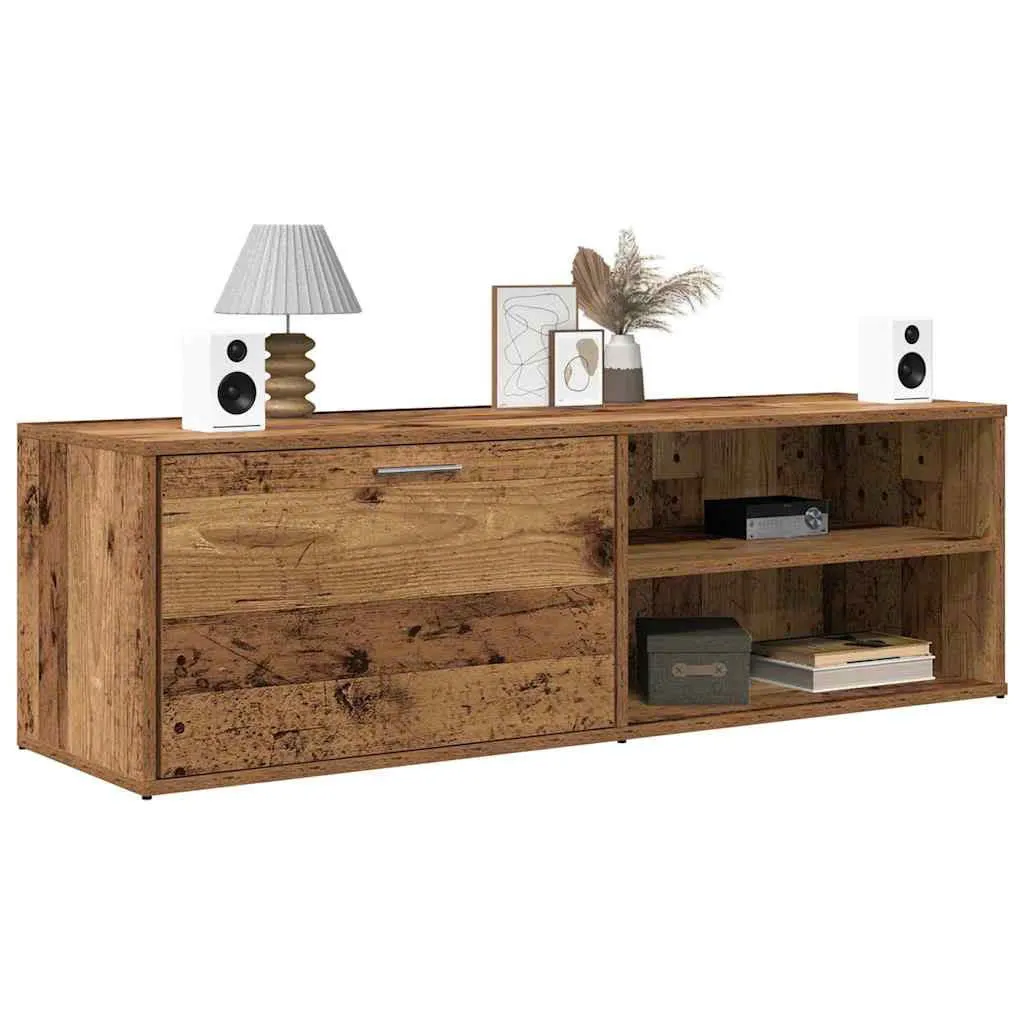 Kệ tivi gỗ MDF dáng thấp, có cánh mở và kệ trang trí mở hai bên, thiết kế hiện đại đặt sát tường, thích hợp cho phòng khách nhỏ gọn.