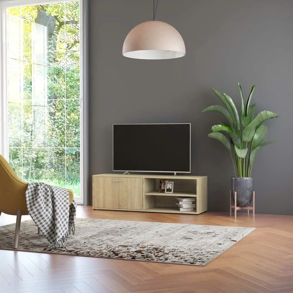 Kệ tivi gỗ MDF dáng thấp, có cánh mở và kệ trang trí mở hai bên, thiết kế hiện đại đặt sát tường, thích hợp cho phòng khách nhỏ gọn.