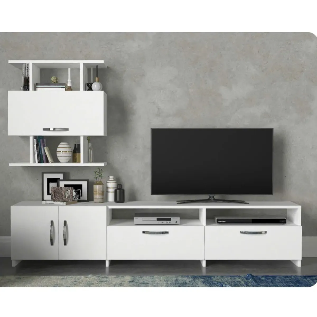 Kệ tivi và tủ treo tường thiết kế nhiều ngăn, màu trắng hiện đại, chất liệu gỗ công nghiệp, phù hợp với phòng khách nhỏ gọn và tiện nghi.