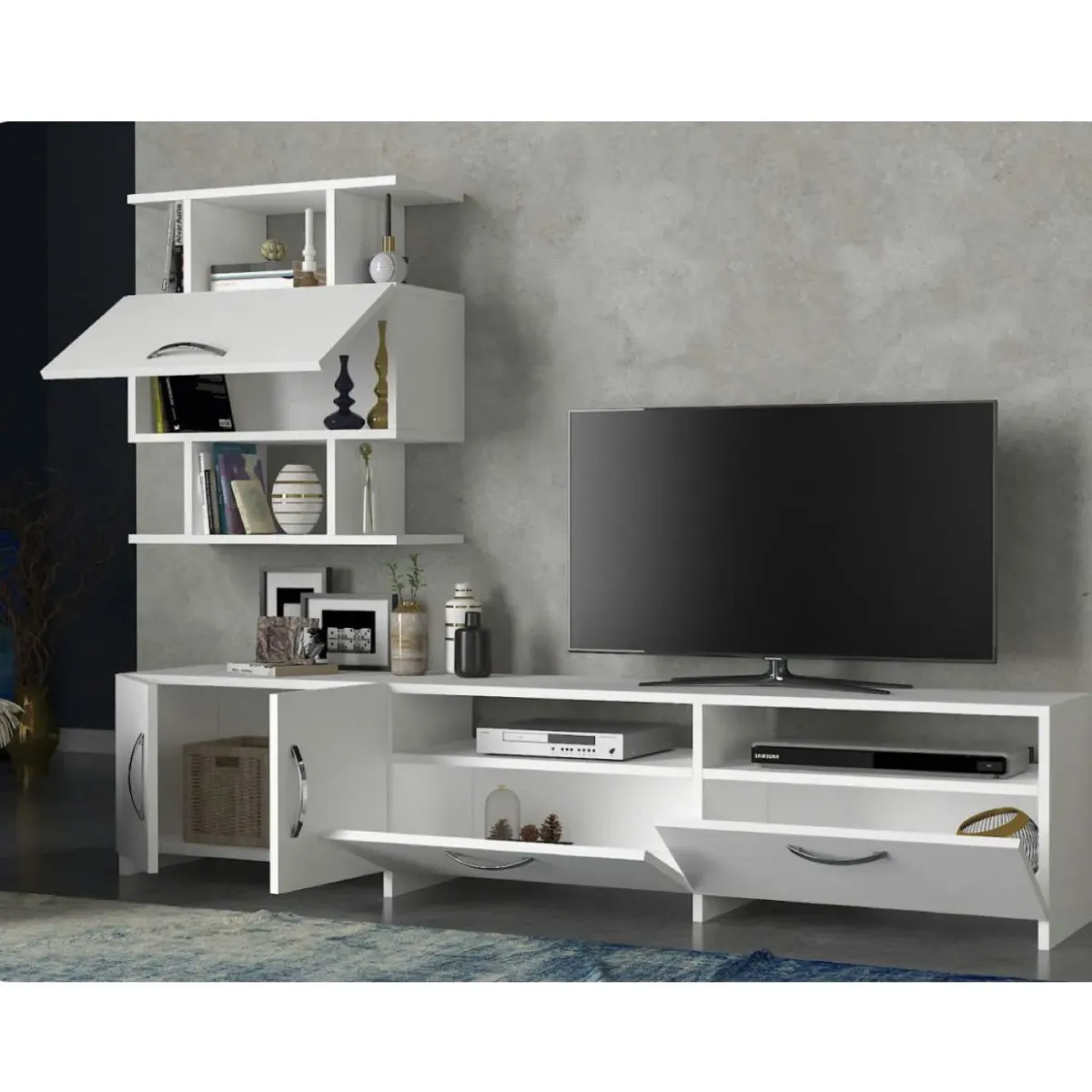 Kệ tivi và tủ treo tường thiết kế nhiều ngăn, màu trắng hiện đại, chất liệu gỗ công nghiệp, phù hợp với phòng khách nhỏ gọn và tiện nghi.