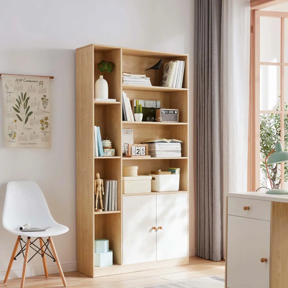 Tủ gỗ đựng tài liệu đa ngăn kết hợp kệ trang trí và tủ cánh
