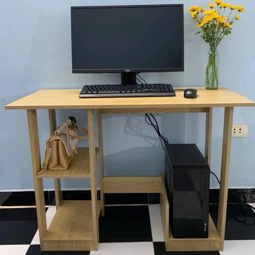 Bàn làm việc gỗ nhỏ gọn có kệ 2 tầng tiện ích đặt sát tường