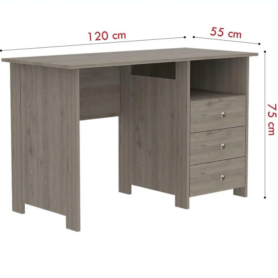 Bàn làm việc gỗ dài 120cm, cao 75cm, sâu 55cm, có 3 ngăn kéo bên hông, thiết kế đơn giản và tiện dụng
