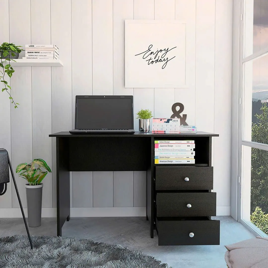 Bàn làm việc gỗ dài 120cm, cao 75cm, sâu 55cm, có 3 ngăn kéo bên hông, thiết kế đơn giản và tiện dụng