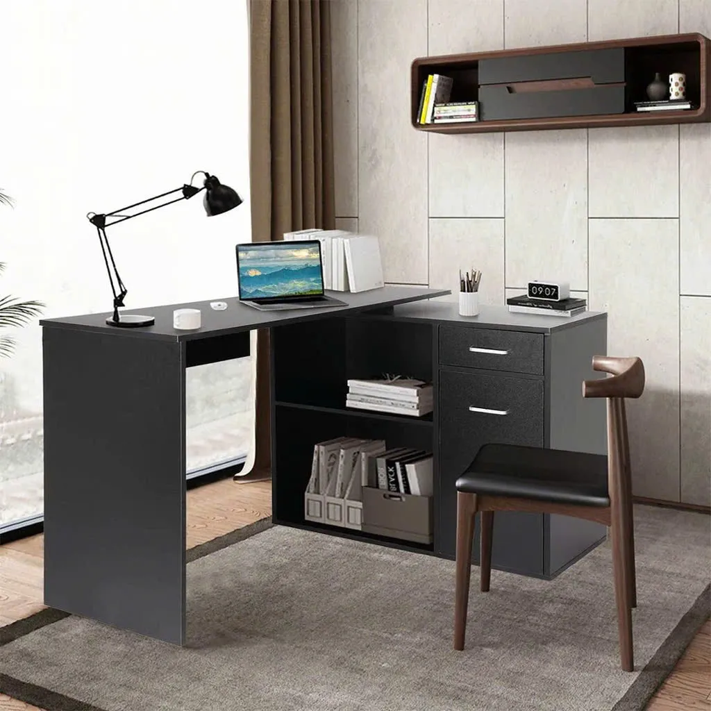 Bàn làm việc gỗ kiểu góc, có hộc tủ và kệ mở tích hợp bên hông, phù hợp học tập và làm việc tại nhà