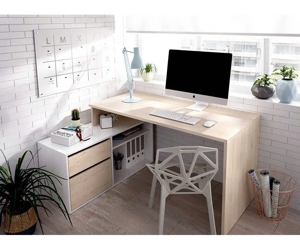 Bàn làm việc gỗ góc chữ L có ngăn kéo và kệ tích hợp bên hông, hiện đại, tiết kiệm diện tích