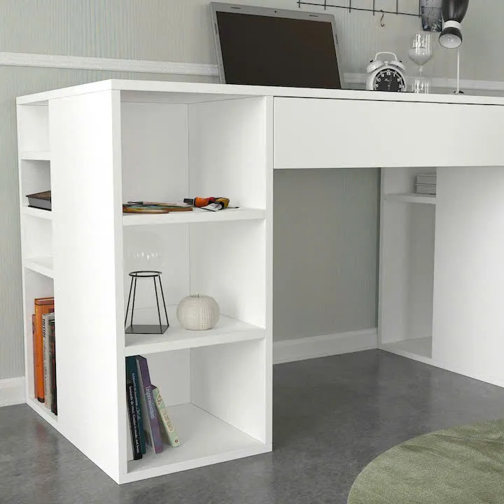 Bàn làm việc gỗ trắng hiện đại có kệ trang trí hai bên và ngăn kéo