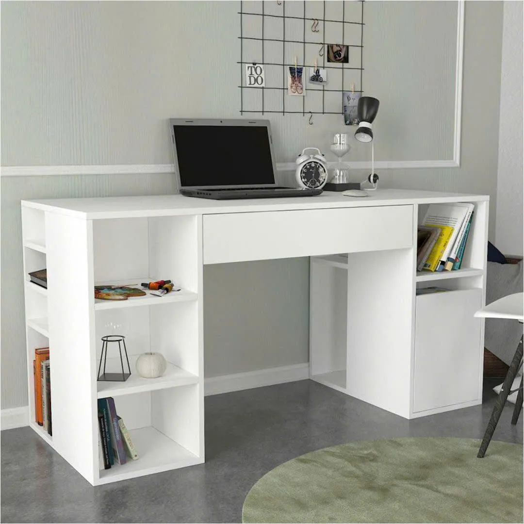 Bàn làm việc gỗ trắng hiện đại có kệ trang trí hai bên và ngăn kéo