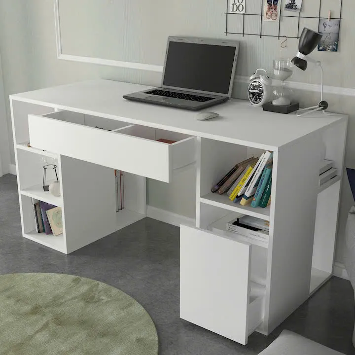 Bàn làm việc gỗ trắng hiện đại có kệ trang trí hai bên và ngăn kéo