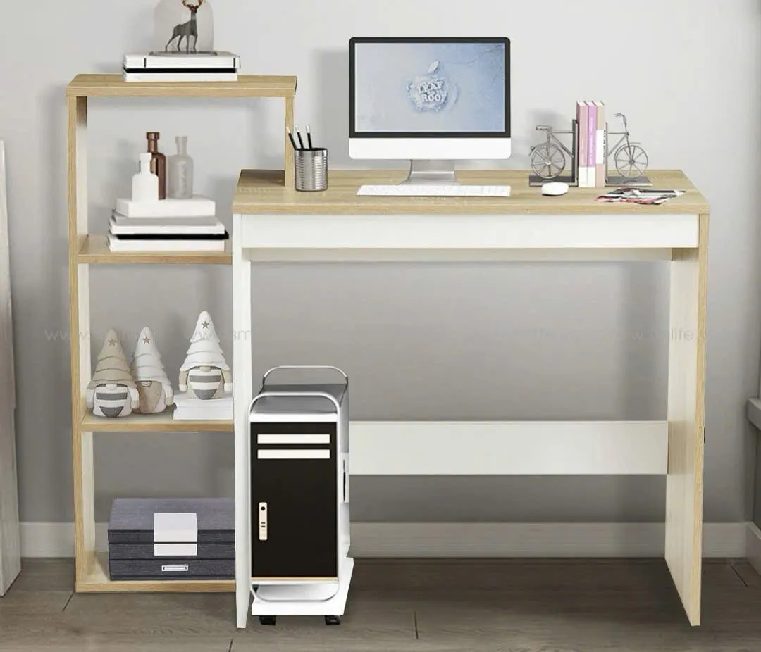 Bàn làm việc gỗ có kệ 3 tầng bên trái, kiểu dáng tối giản hiện đại