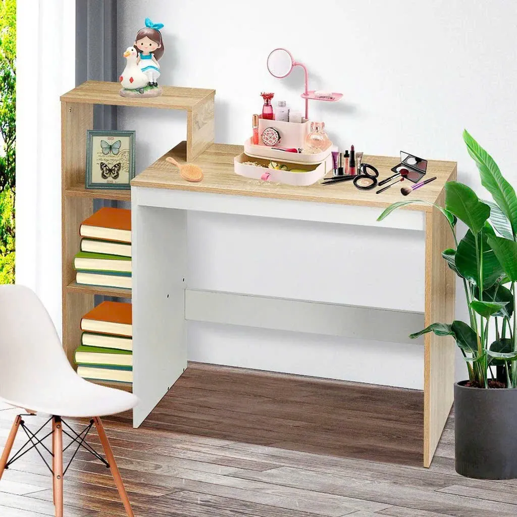 Bàn làm việc gỗ có kệ 3 tầng bên trái, kiểu dáng tối giản hiện đại