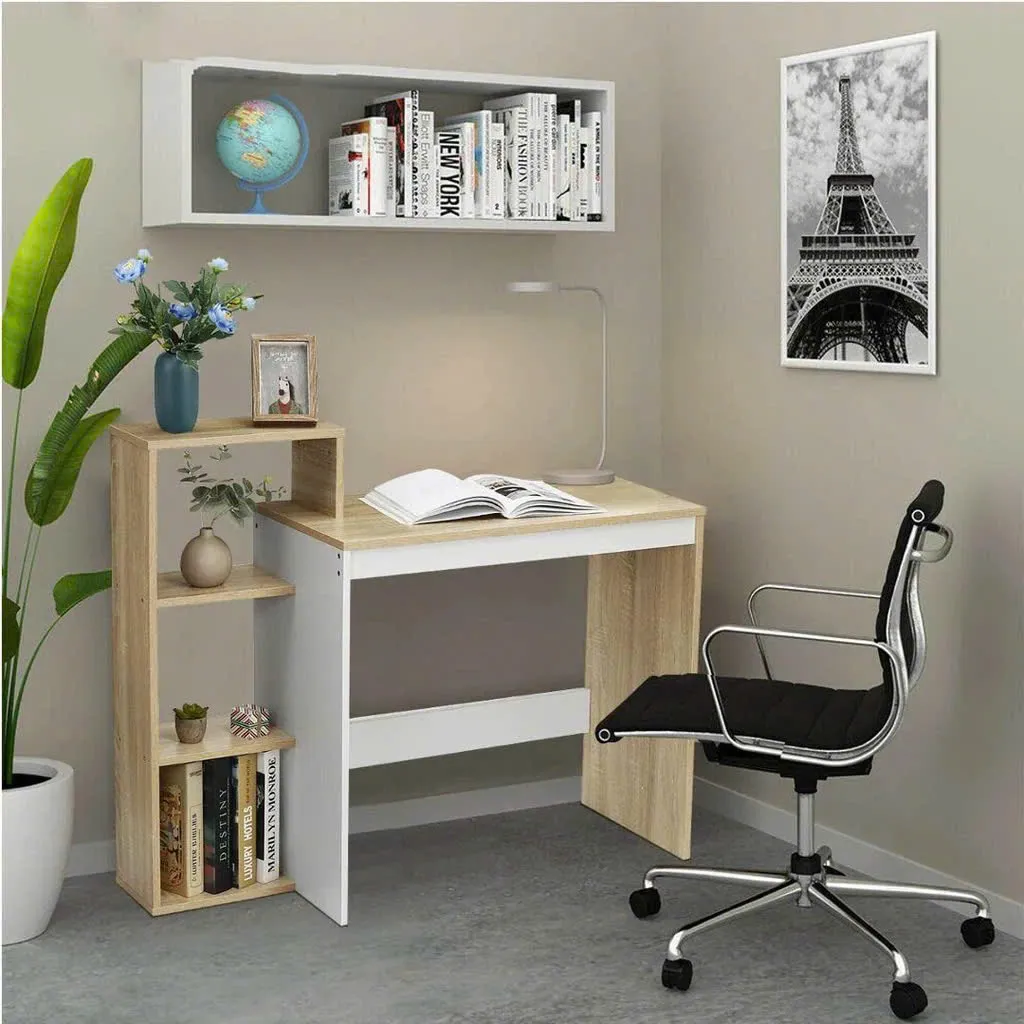 Bàn làm việc gỗ có kệ 3 tầng bên trái, kiểu dáng tối giản hiện đại