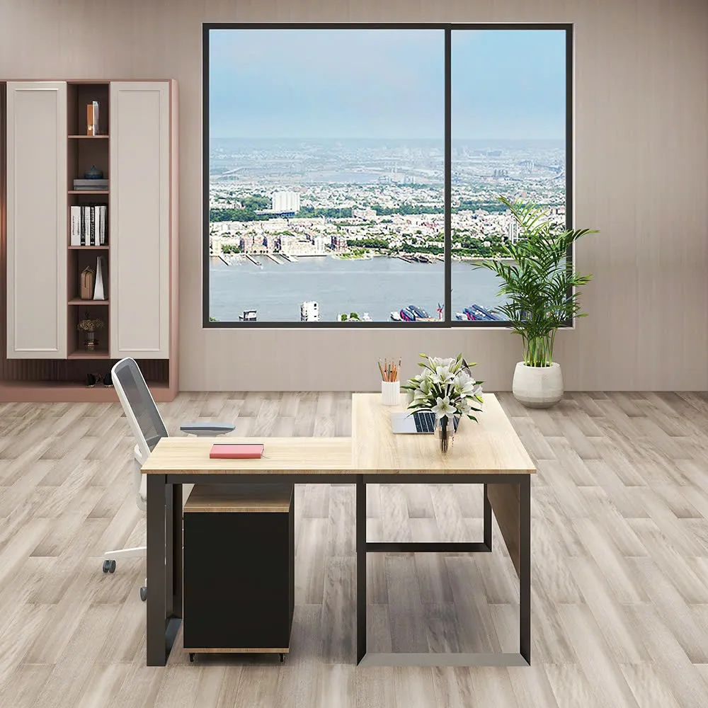 Bàn làm việc chân sắt chữ L yếm lửng, mặt gỗ sáng, thiết kế tối giản