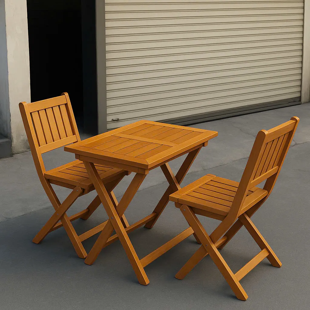 Bộ bàn ghế tiếp khách gấp gọn gồm 1 bàn vuông và 2 ghế gỗ, đặt ngoài trời trên nền bê tông, kiểu dáng tối giản và tiện lợi cho sử dụng hằng ngày