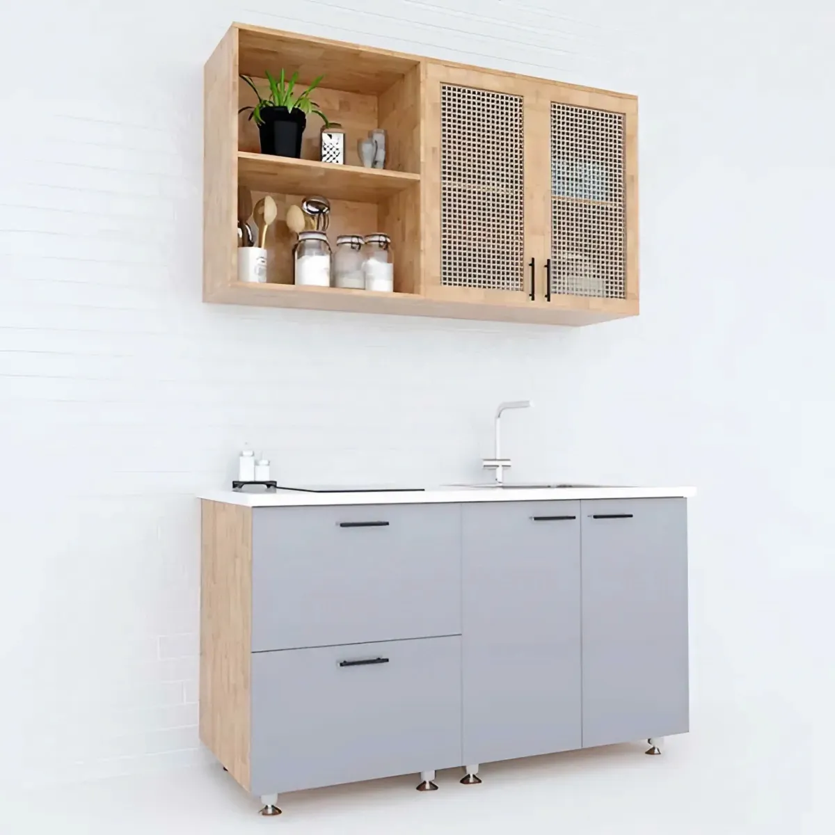 Tủ bếp mini gỗ ghép có kệ mở và cánh lưới mây, thiết kế thoáng đẹp và tiện lợi