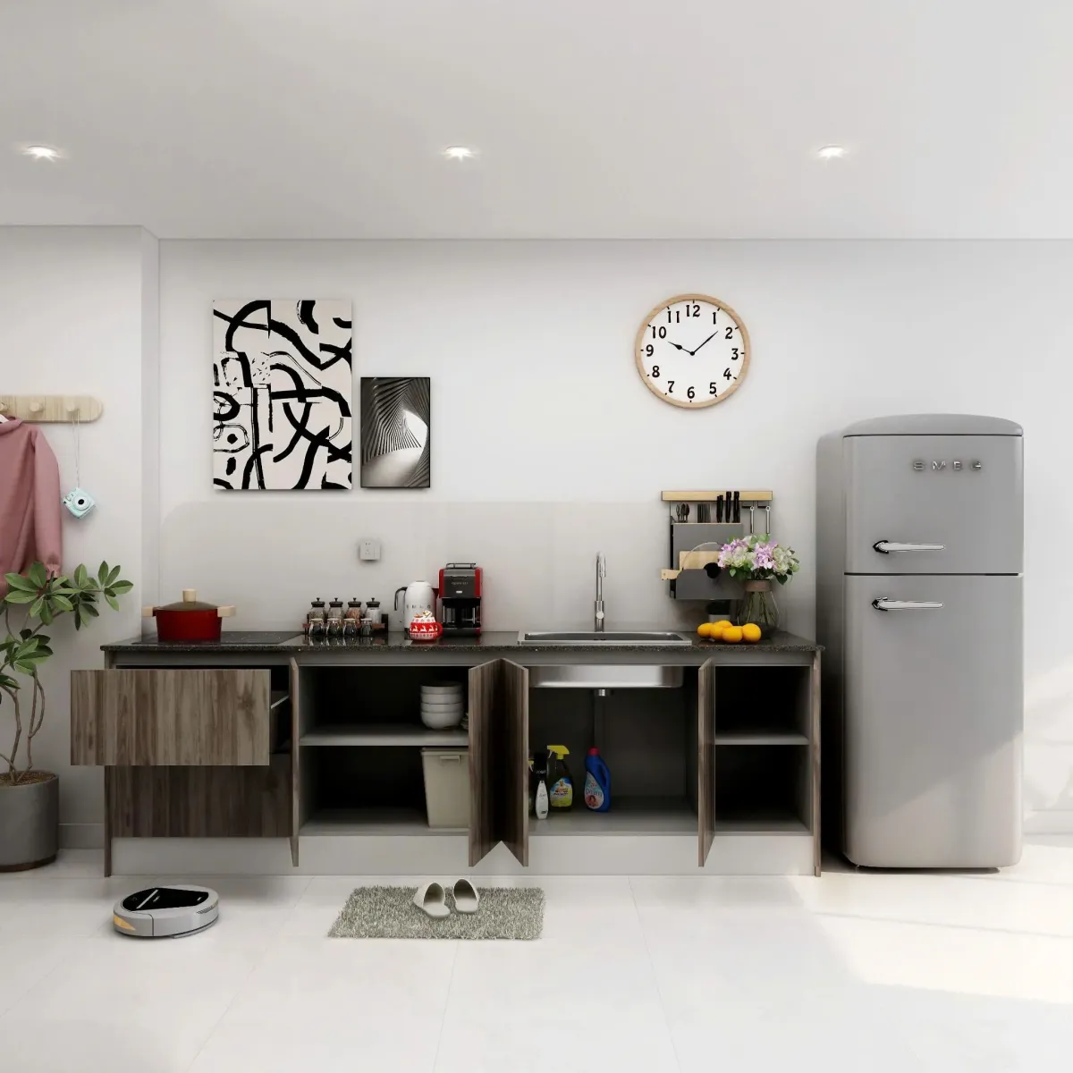 Tủ bếp gỗ MDF chất lượng cao với thiết kế chữ I đơn giản, hiện đại. Bề mặt vân gỗ tự nhiên kết hợp tông màu trung tính mang lại không gian bếp gọn gàng, sang trọng và tiện nghi.