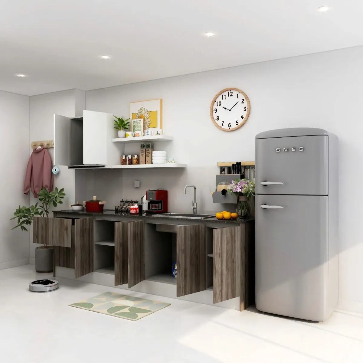 Tủ bếp gỗ MDF chất lượng cao với thiết kế chữ I đơn giản, hiện đại. Bề mặt vân gỗ tự nhiên kết hợp tông màu trung tính mang lại không gian bếp gọn gàng, sang trọng và tiện nghi.
