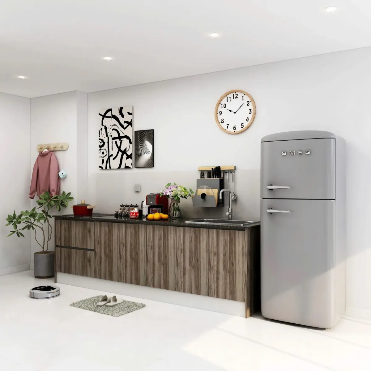 Tủ bếp gỗ MDF chất lượng cao với thiết kế chữ I đơn giản, hiện đại. Bề mặt vân gỗ tự nhiên kết hợp tông màu trung tính mang lại không gian bếp gọn gàng, sang trọng và tiện nghi.