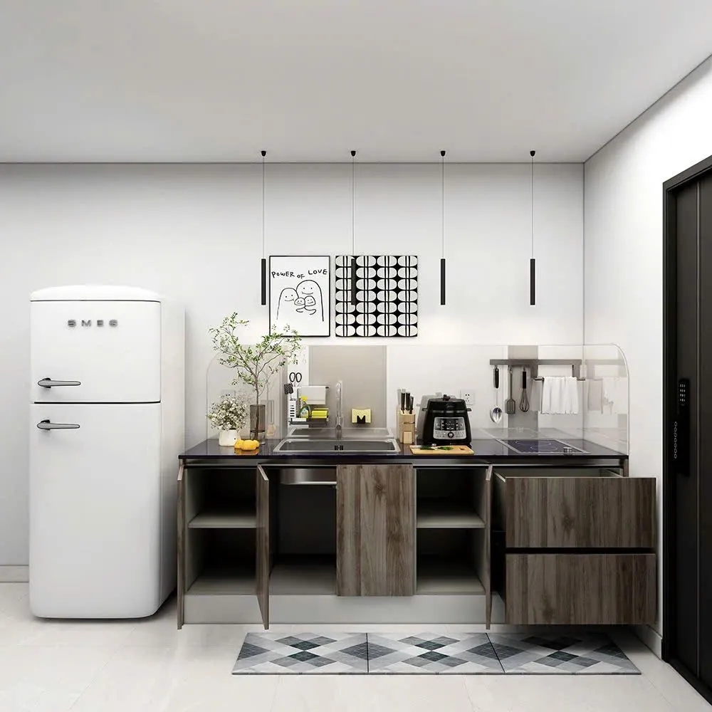 Tủ bếp thiết kế sang trọng với chất liệu gỗ công nghiệp phủ vân gỗ hiện đại, tích hợp nhiều ngăn tủ mở rộng tiện dụng. Phù hợp cho căn hộ nhỏ, tối ưu không gian và công năng sử dụng.
