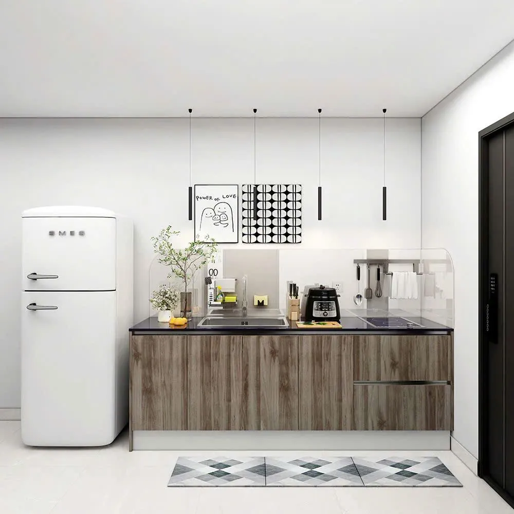 Tủ bếp thiết kế sang trọng với chất liệu gỗ công nghiệp phủ vân gỗ hiện đại, tích hợp nhiều ngăn tủ mở rộng tiện dụng. Phù hợp cho căn hộ nhỏ, tối ưu không gian và công năng sử dụng.