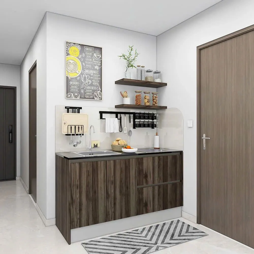 Tủ bếp nhỏ gọn hiện đại cho căn hộ với thiết kế đơn giản, tinh tế. Chất liệu gỗ công nghiệp vân gỗ sẫm màu kết hợp kệ mở tiện dụng, phù hợp không gian bếp nhỏ nhưng vẫn đầy đủ công năng.