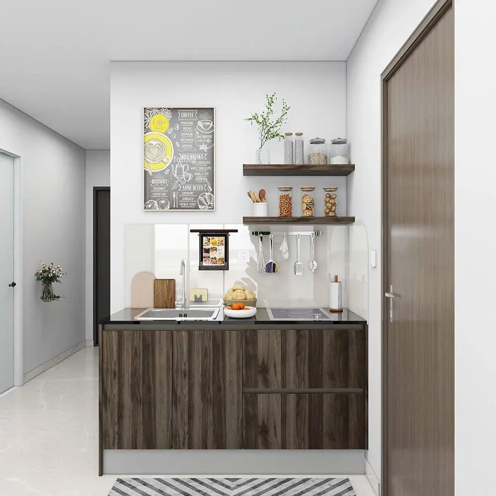 Tủ bếp nhỏ gọn hiện đại cho căn hộ với thiết kế đơn giản, tinh tế. Chất liệu gỗ công nghiệp vân gỗ sẫm màu kết hợp kệ mở tiện dụng, phù hợp không gian bếp nhỏ nhưng vẫn đầy đủ công năng.