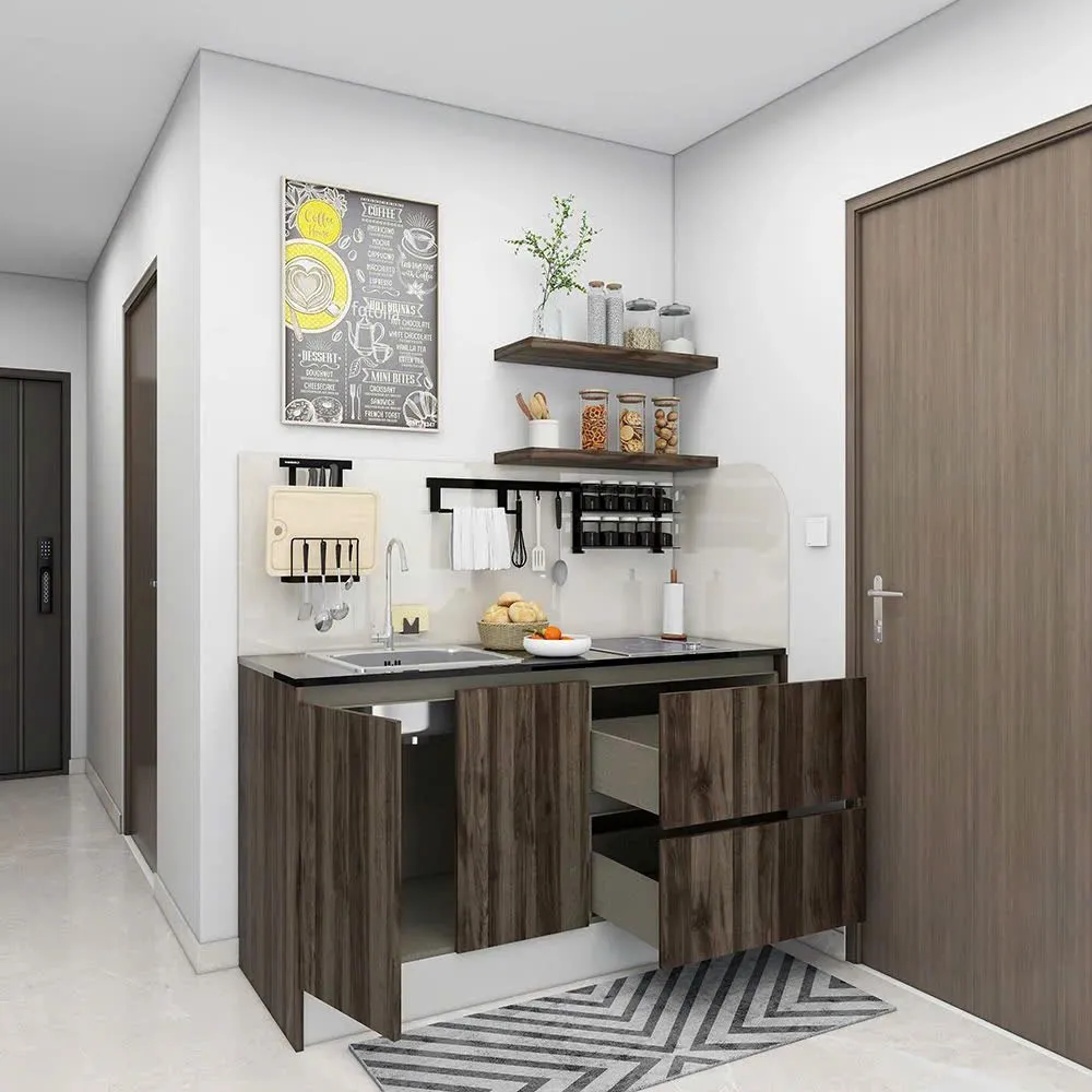 Tủ bếp nhỏ gọn hiện đại cho căn hộ với thiết kế đơn giản, tinh tế. Chất liệu gỗ công nghiệp vân gỗ sẫm màu kết hợp kệ mở tiện dụng, phù hợp không gian bếp nhỏ nhưng vẫn đầy đủ công năng.